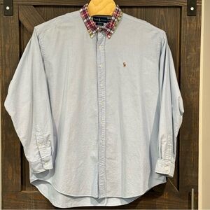 Ralph Lauren Men’s Solid Blue w/ Plaid Collar‎ Long Sleeve Button Down Shirt XXL
